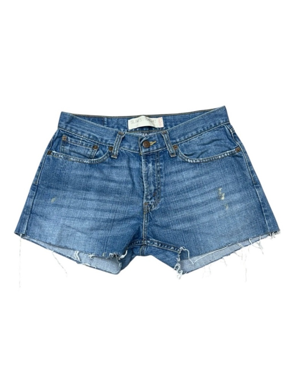 Levi’s 514 Cutoff Denim Shorts Distressed Paint Splatter Raw Hem Fits 27 Approx